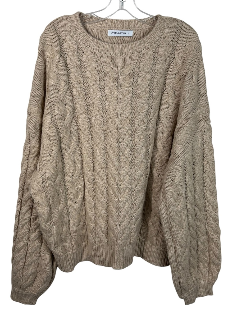 PrettyGarden Beige Light Brown Oversized Fisherman Cable Knit Sweater Large L